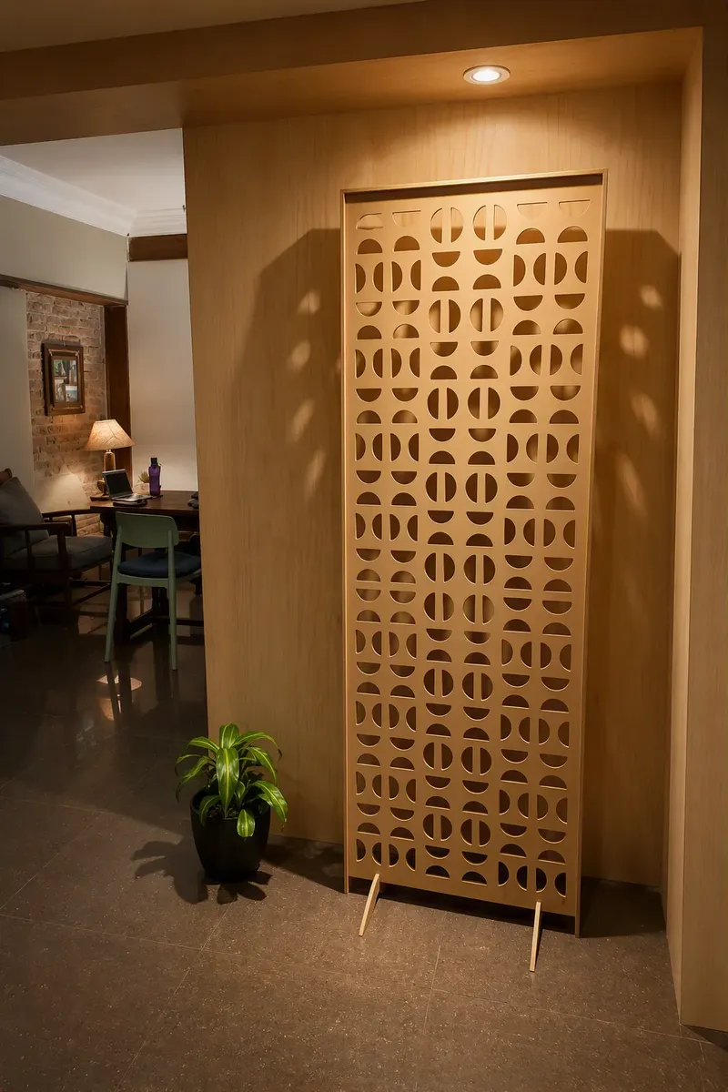 Panel calado con formas geometricas en un ambiente de madera